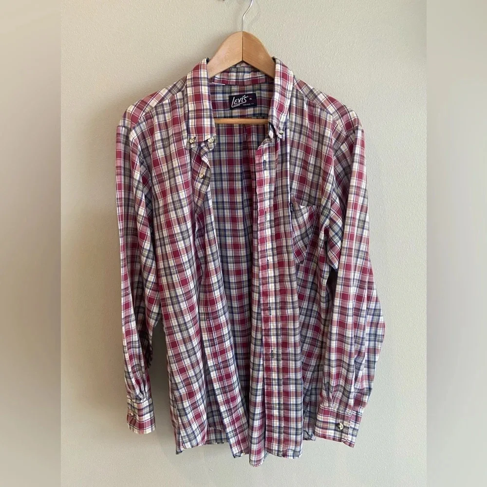 LEVI’S Plaid Button Up Men’s Shirt Tapered Fit XL Red Navy Yellow Vintage‎
